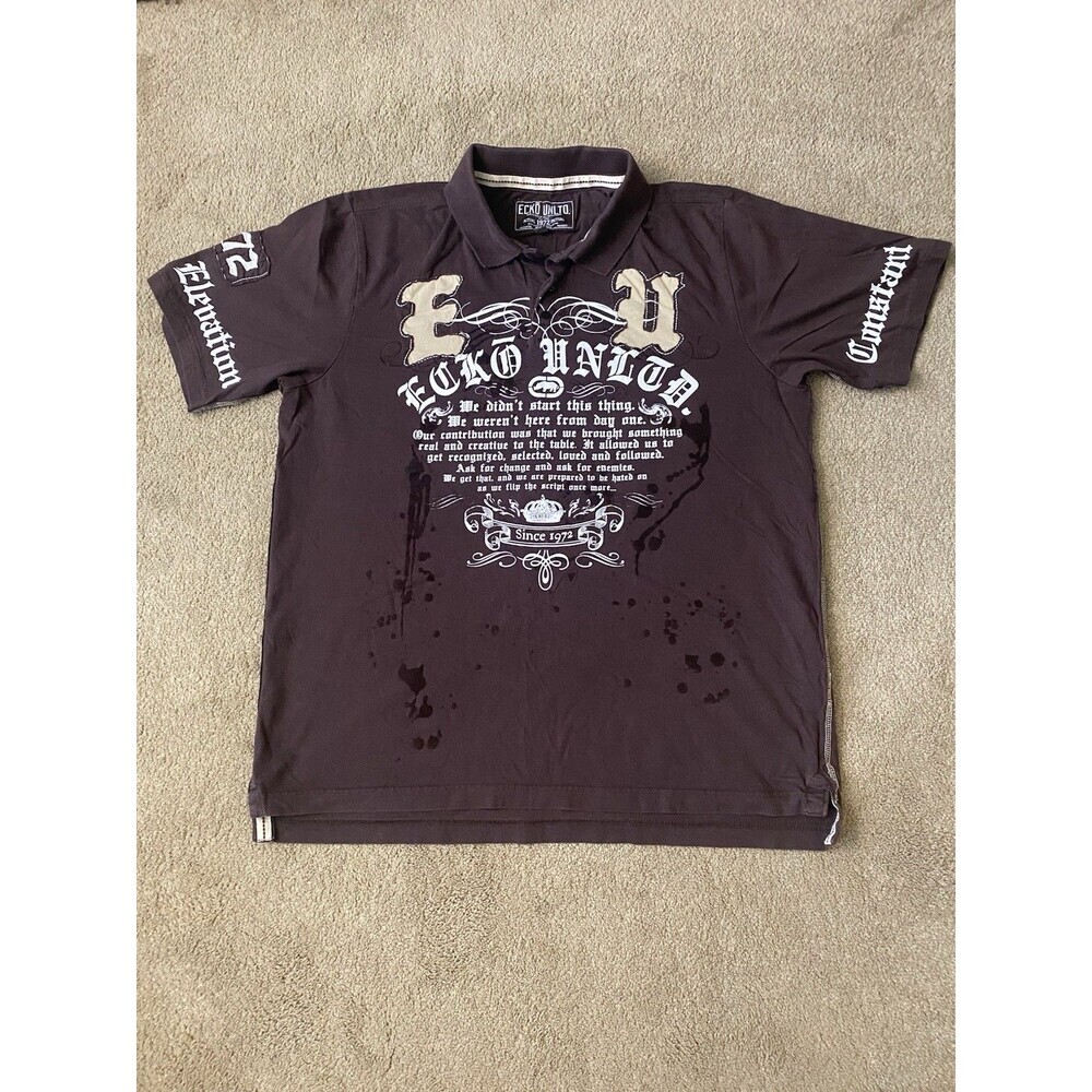 Ecko Unlimited Vintage Y2K Graphic Polo Shirt Chocolate Brown Size Large - Picture 2 of 16